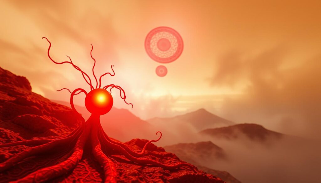A vibrant, ethereal scene depicting the energetic centers of the root chakra, as envisioned in dream interpretation. In the foreground, a glowing red orb pulsates with primal life force, its tendrils reaching outward. The middle ground features abstract, flowing shapes in earthy tones, representing the grounding and stability associated with the root chakra. In the background, a misty, dreamlike landscape unfolds, hinting at the subconscious realm where these energies manifest. The lighting is warm and softly diffused, creating an atmosphere of introspection and spiritual discovery. Captured with a wide-angle lens to convey a sense of expansive, mystical wonder.