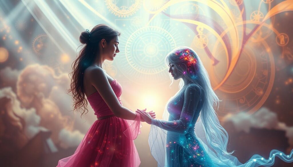 A vibrant, ethereal scene unfolds - a dreamscape of mystical connections. In the foreground, two ethereal figures, one living and one from the realm of the departed, intertwine in a delicate embrace, their auras blending in a kaleidoscope of spiritual energies. The middle ground is bathed in a soft, warm glow, hinting at the profound karmic ties that bind them. In the background, a swirling tapestry of celestial patterns and cosmic symbols evokes the profound mysteries of the afterlife. Subtle rays of light filter through, casting a serene, contemplative mood. This image captures the essence of the sacred, karmic bonds that transcend the physical world, guiding us towards a deeper understanding of the nature of dreams and the eternal cycle of life.