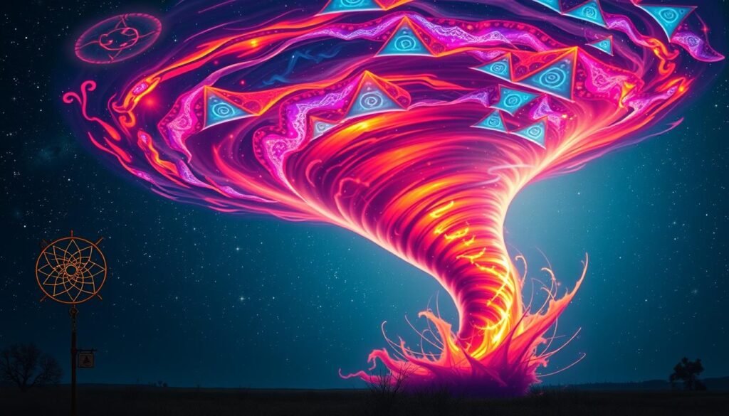 A vibrant, kaleidoscopic tornado swirls against a starry, mystical backdrop, representing the diverse cultural interpretations of this powerful dream symbol. In the foreground, symbols from various belief systems - Native American dreamcatchers, Hindu mandalas, Celtic knots - converge, signifying the universal yet nuanced meanings associated with this turbulent natural phenomenon. The tornado's vortex emanates an ethereal, energy-infused glow, hinting at the transformative, spiritual cleansing properties often ascribed to this vision. Dramatic lighting and a cinematic, slightly wide-angle perspective lend an immersive, awe-inspiring quality to the scene, capturing the cultural complexity and metaphysical significance of the tornado dream.