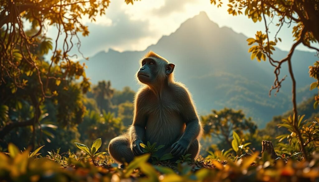 A vibrant spiritual landscape, bathed in warm, ethereal light. In the foreground, a serene, contemplative monkey sits in a meditative pose, its eyes closed, exuding a sense of inner peace and connection to the divine. The middle ground features a lush, verdant jungle canopy, with intricate vines and foliage swirling in an otherworldly dance. In the background, a majestic mountain range rises, its peaks touching the heavens, symbolizing the journey towards enlightenment. The overall atmosphere is one of tranquility, introspection, and the profound significance of the monkey's role as a guide and messenger in the spiritual realm.