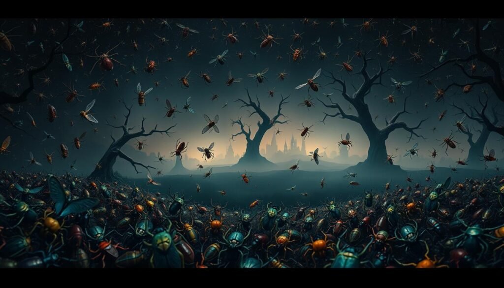 A vibrant, surreal dreamscape teeming with a myriad of crawling, skittering bugs. In the foreground, a kaleidoscopic pattern of diverse insect forms &ndash; beetles, spiders, moths &ndash; intertwine and overlap, their movements creating a mesmerizing, unsettling rhythm. The middle ground features a hazy, indistinct landscape, with towering, twisted trees and structures, as if glimpsed through a veil of buzzing wings. The background is shrouded in a deep, inky darkness, punctuated by the faint glow of unknown lights, evoking a sense of the unknown and the subconscious. The lighting is moody and atmospheric, casting dramatic shadows and highlights that heighten the dreamlike, unsettling quality of the scene. The overall aesthetic is one of unease and discomfort, perfectly capturing the essence of recurring bug-themed nightmares.