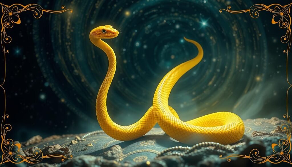 A vibrant yellow snake, its coils twisting in an elegant dance, emerges from a bed of lush, spiritual symbols. The snake's scales glimmer with an inner radiance, conveying a sense of ancient wisdom and enlightenment. In the background, a swirling galaxy of stars and celestial patterns provides a mystical, otherworldly backdrop. The composition is framed by delicate, ornamental flourishes, evoking a sense of sacred, esoteric knowledge. Soft, diffused lighting casts a warm, contemplative glow over the entire scene, inviting the viewer to meditate on the deeper, symbolic meaning of the yellow snake and its connection to spiritual awakening.