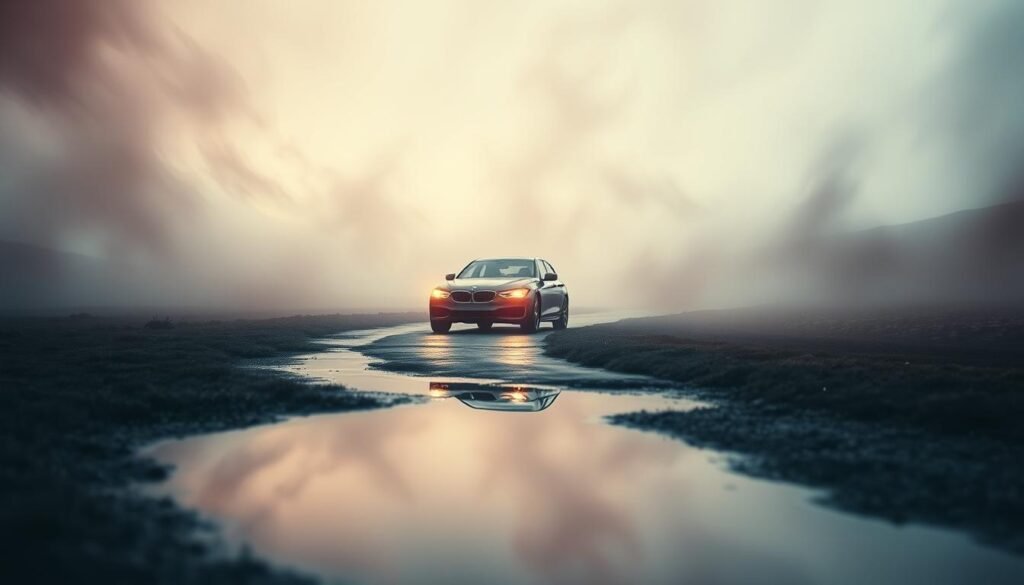 A vivid, emotional interpretation of car dreams. A surreal landscape with a winding, dream-like road cutting through the frame. In the foreground, a solitary car drifts through the scene, its headlights piercing the hazy atmosphere. The car's reflection in a puddle on the road distorts and warps, symbolizing the subconscious nature of the dream. The background is a swirling, impressionistic blend of colors and shapes, evoking a sense of the subconscious mind. Soft, diffused lighting casts a contemplative, introspective mood over the entire composition. The angle is slightly askew, adding to the unsettling, dreamlike quality. The overall effect is a visually striking, metaphorical representation of the emotional and psychological aspects of car-related dreams.