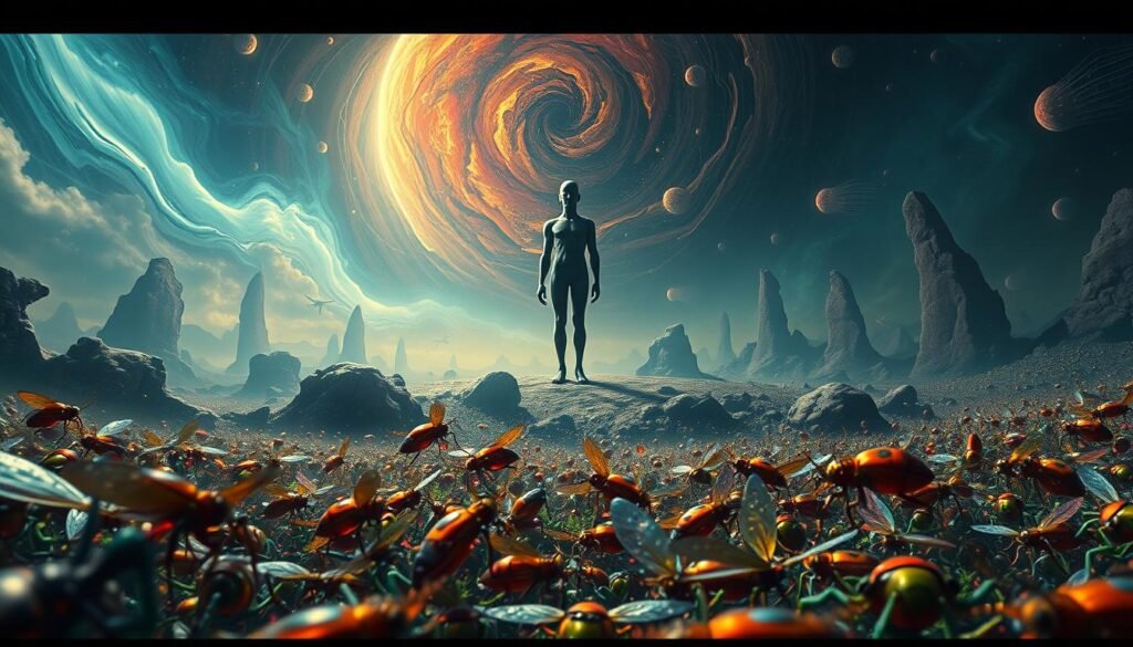 A vivid, psychedelic dreamscape depicting the inner workings of the subconscious mind. In the foreground, a kaleidoscope of colorful, surreal insects crawl and swarm, representing the enigmatic symbols and thoughts that occupy our night-time reveries. The middle ground features a towering, abstract human figure, their face obscured, symbolizing the dreamer's own psyche. The background is a swirling, ethereal landscape of warped geometry and hazy light, evoking the mysterious, liminal space of the dream state. Dramatic chiaroscuro lighting casts deep shadows, heightening the sense of psychological depth and introspection. Rendered with a highly detailed, almost photorealistic style to bring the surreal vision to life.