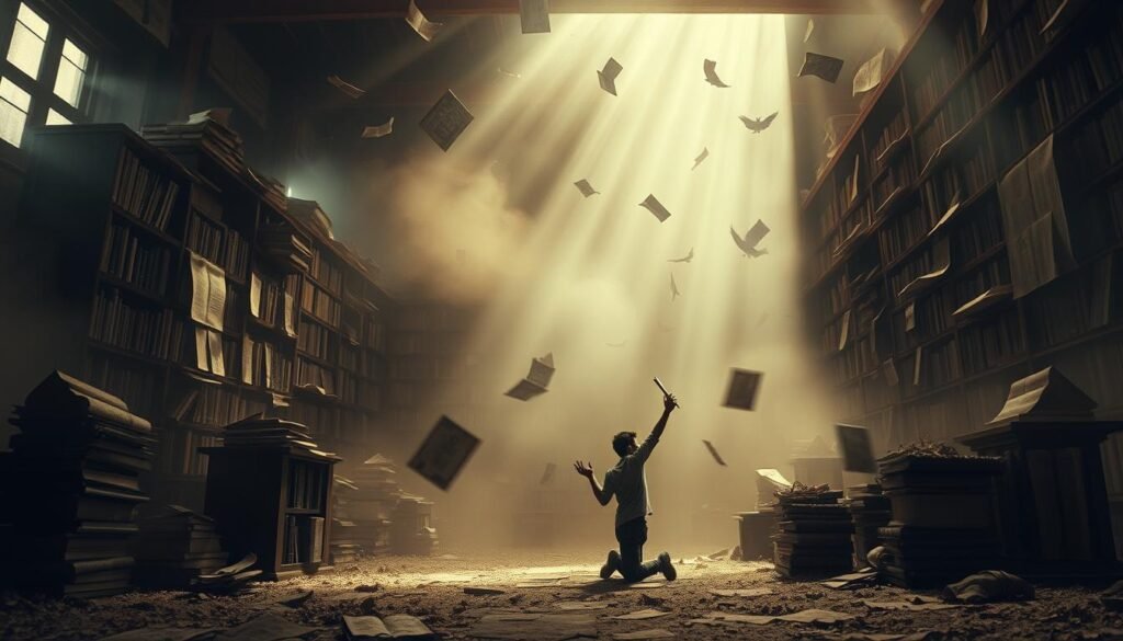 A weathered, forgotten library stands amidst a dreamscape of swirling mists and fading memories. Dusty tomes and crumbling scrolls float weightlessly, their contents long since obscured. Shafts of ethereal light pierce the gloom, illuminating the ghostly silhouettes of lost knowledge. In the foreground, a solitary figure kneels, hand outstretched to a book that hovers just beyond their grasp, a poignant symbol of the tantalizing yet elusive nature of the mind's hidden truths. The scene is bathed in a melancholic, sepia-toned palette, evoking a sense of wistful nostalgia and the passage of time. Soft, atmospheric lighting casts dramatic shadows, lending an air of mystery and introspection to the composition.