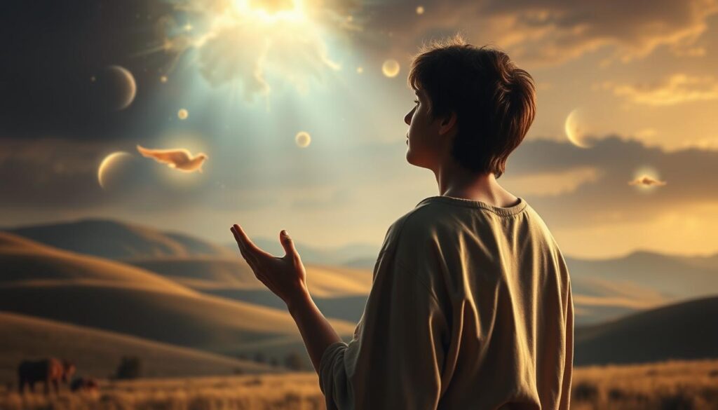 A well-lit biblical scene depicting Joseph interpreting his prophetic dreams. In the foreground, a young Joseph stands in reverence, his hands raised in contemplation as celestial lights shine upon him. In the middle ground, symbolic visions of sheaves and heavenly bodies float, casting an ethereal glow. The background features a lush, muted landscape with rolling hills and an expansive sky, hinting at the grand scale of the divine revelations. The overall mood is one of awe, wonder, and a sense of profound destiny unfolding. Cinematic lighting and a slightly high-angle perspective add an air of grandeur to the composition.