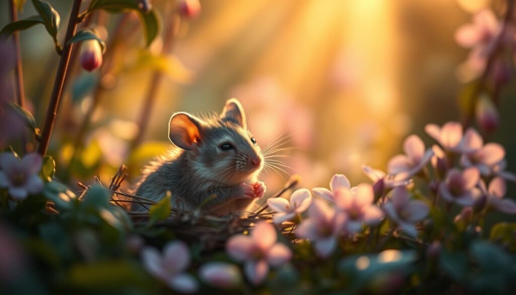 A whimsical scene of a mouse nestled amidst lush, velvety flora, lost in deep contemplation. Shafts of warm, golden light filter through the undergrowth, casting a tranquil, introspective glow. The mouse's eyes are closed, its tiny paws folded, as if communing with its inner self. Surrounding it, delicate flowers bloom in shades of pink and lavender, their petals softly unfurling. A sense of stillness and personal growth permeates the frame, inviting the viewer to pause and reflect. Captured with a shallow depth of field, the scene evokes a dreamlike, meditative quality.