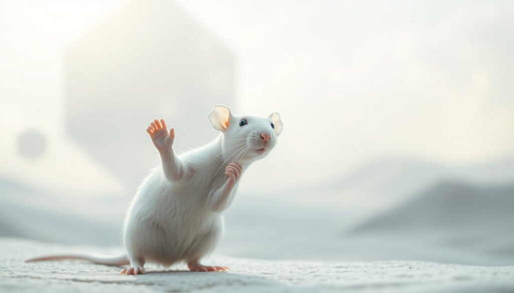 A white laboratory rat stands in a serene, ethereal landscape, its paw raised as if in contemplation. Soft, diffused light gently illuminates the scene, creating an atmosphere of introspection and personal growth. In the background, a surreal, dreamlike environment unfolds, with abstract geometric shapes and subtle textures that symbolize the inner journey of transformation. The rat's expression is calm and focused, conveying a sense of clarity and self-awareness. The overall composition suggests a harmonious balance between the physical and the metaphysical, inviting the viewer to explore the deeper meanings and personal insights that may be revealed through the interpretation of the white rat's dream.