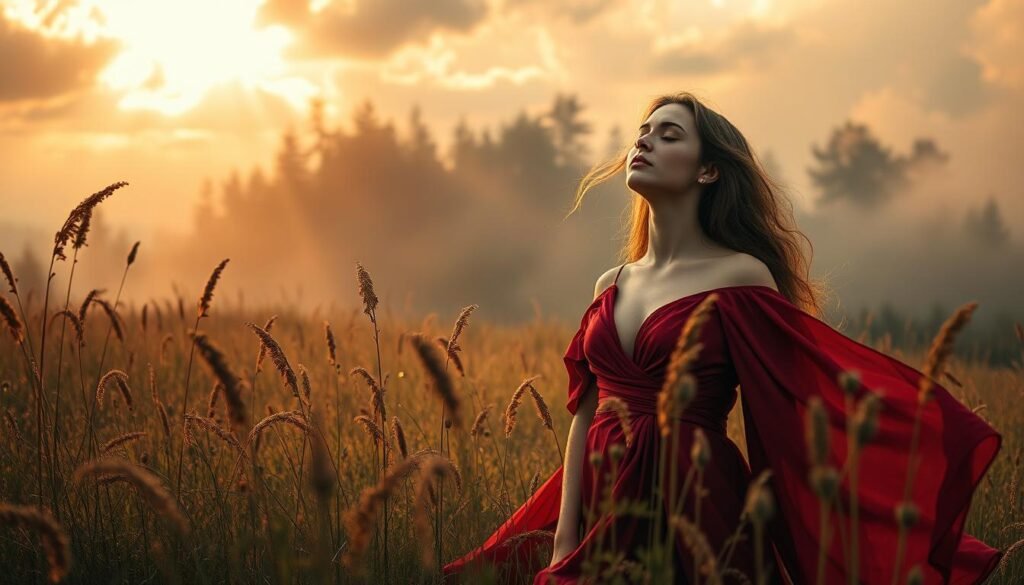 A woman in a flowing, deep-crimson red dress stands in a dreamlike meadow, surrounded by tall, swaying grasses and wildflowers. Warm, golden sunlight filters through wispy clouds, casting a soft, ethereal glow. Her eyes are closed, a serene expression on her face, as if she is experiencing a profound, almost spiritual moment of tranquility and inner peace. The dress clings to her form, hinting at her feminine allure and power. In the distance, a mysterious, mist-shrouded forest looms, suggesting the presence of hidden depths and the unknown. The overall atmosphere evokes a sense of mysticism, seduction, and the divine feminine.