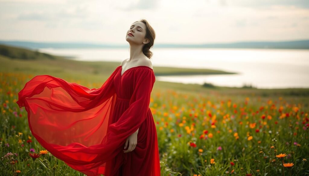 A woman in a flowing red dress stands in a serene, dream-like landscape. Her eyes are closed, and her expression is one of tranquility and contemplation. The background is a lush, verdant meadow dotted with vibrant wildflowers. Soft, diffused lighting bathes the scene, creating a sense of gentle introspection. In the distance, a shimmering lake reflects the sky, adding a layer of depth and mystery. The woman's pose suggests an inward journey, a moment of self-discovery and personal growth. The overall atmosphere evokes a sense of transformation, a connection with the divine, and the power of the subconscious mind.