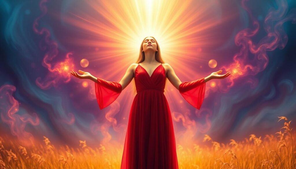 A woman in a red dress stands in a field of vibrant energy, her body language radiating a ethereal, spiritual presence. The scene is bathed in a warm, golden light, with rays of light emanating from her form. Her eyes are closed, and her hands are extended, palms facing outwards, as she channels the divine energies flowing through her. The background is a swirling, abstract landscape of blues, purples, and pinks, creating a dreamlike, otherworldly atmosphere. The overall mood is one of serenity, power, and a deep connection to the spiritual realm.