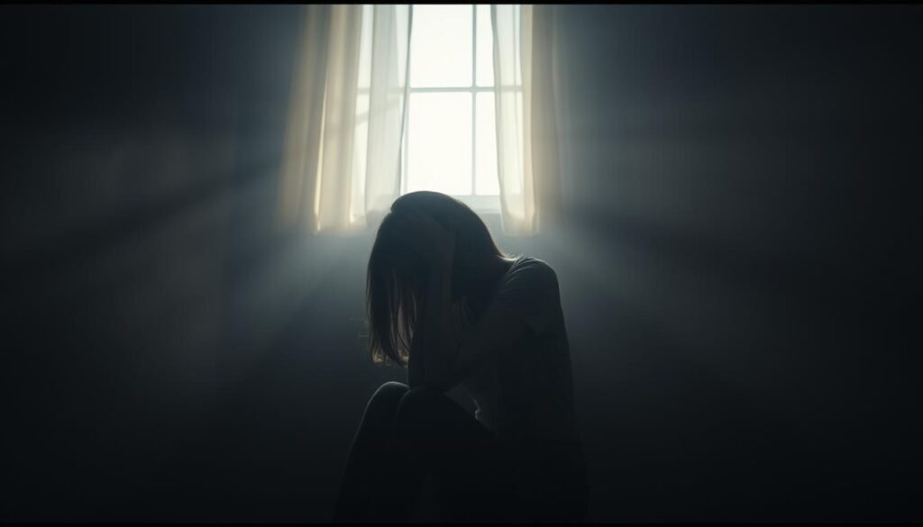 A woman sits alone in a dimly lit room, her head bowed in anguish. Rays of soft, diffused light filter through a window, casting a melancholic glow on her face. Wispy, dreamlike wisps of smoke or mist swirl around her, reflecting the emotional turmoil within. The background is hazy and indistinct, creating a sense of isolation and introspection. The woman's posture and expression convey a deep sadness, a profound sense of loss and grief. The overall atmosphere is one of introspection, healing, and the psychological impact of miscarriage dreams.