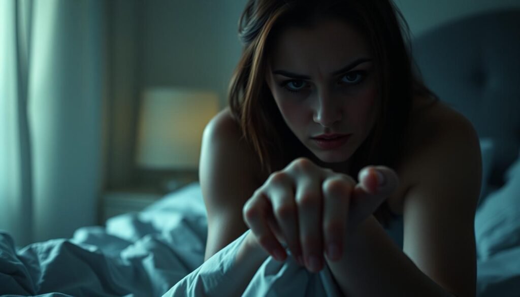A woman sits on the edge of her bed, her expression haunted and her body language tense. Soft, muted lighting casts shadows across her face, emphasizing the raw emotion etched into her features. In the foreground, her hands grip the bedsheets, knuckles white with the intensity of her reaction. The background is a hazy, dreamlike scene, suggesting the lingering effects of a disturbing dream. The overall atmosphere is one of vulnerability, introspection, and the lingering unease that follows a troubling psychological experience.