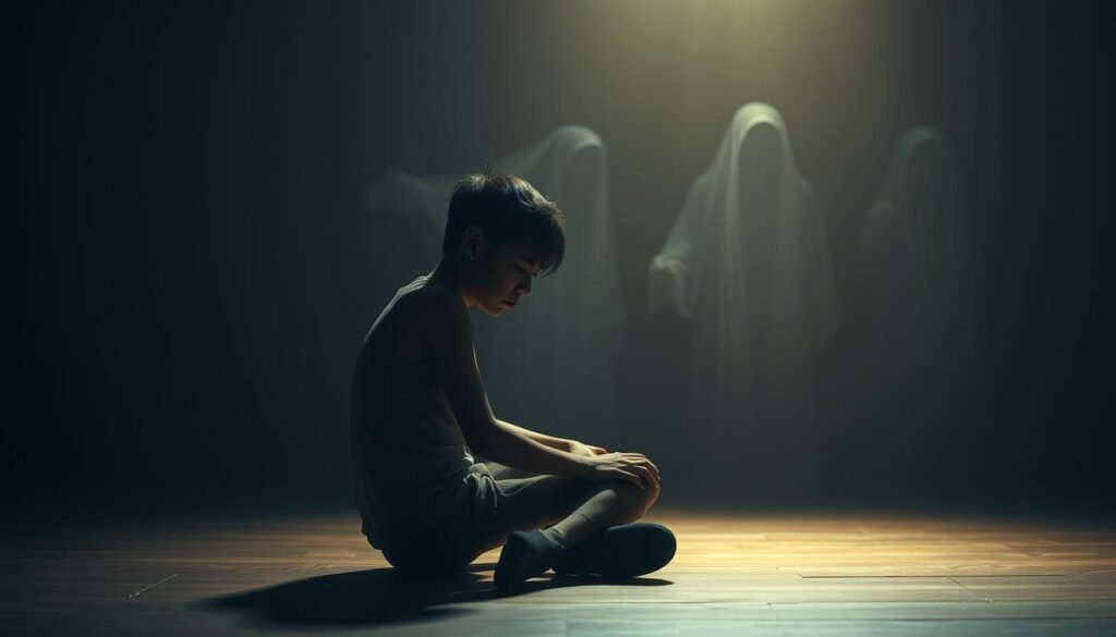 A young person sits alone in a dimly lit room, shoulders hunched in sadness. Their face is obscured, yet their body language conveys a profound sense of emotional abandonment. In the background, ghostly figures fade in and out, representing the specters of past trauma and unresolved vulnerabilities. The scene is lit by a soft, warm glow, creating an introspective and melancholic atmosphere. The viewer is drawn to the figure's isolation, inviting them to empathize with the subjects' journey towards emotional healing. The overall composition evokes a sense of lost innocence and the quiet struggle to reclaim one's inner light.