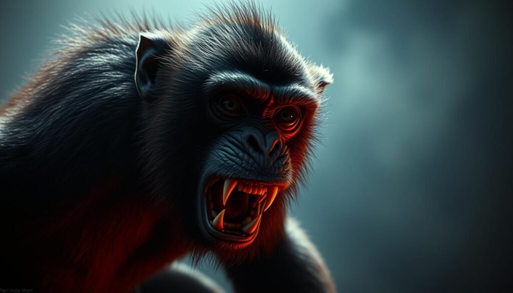 Aggressive Monkey Dream Interpretation: A vividly rendered dream world where a furious primate dominates the frame, its teeth bared in a menacing snarl. The simian's intense gaze pierces the viewer, conveying a sense of primal power and unpredictability. In the moody, low-key lighting, the monkey's coarse fur and muscular limbs are emphasized, creating an ominous, unsettling atmosphere. The background is a hazy, dreamlike landscape, with a sense of unease and uncertainty pervading the scene. This image aims to capture the hidden messages and subconscious anxieties that may be lurking within an aggressive monkey dream, reflecting the tension and conflict that can arise within the human psyche.