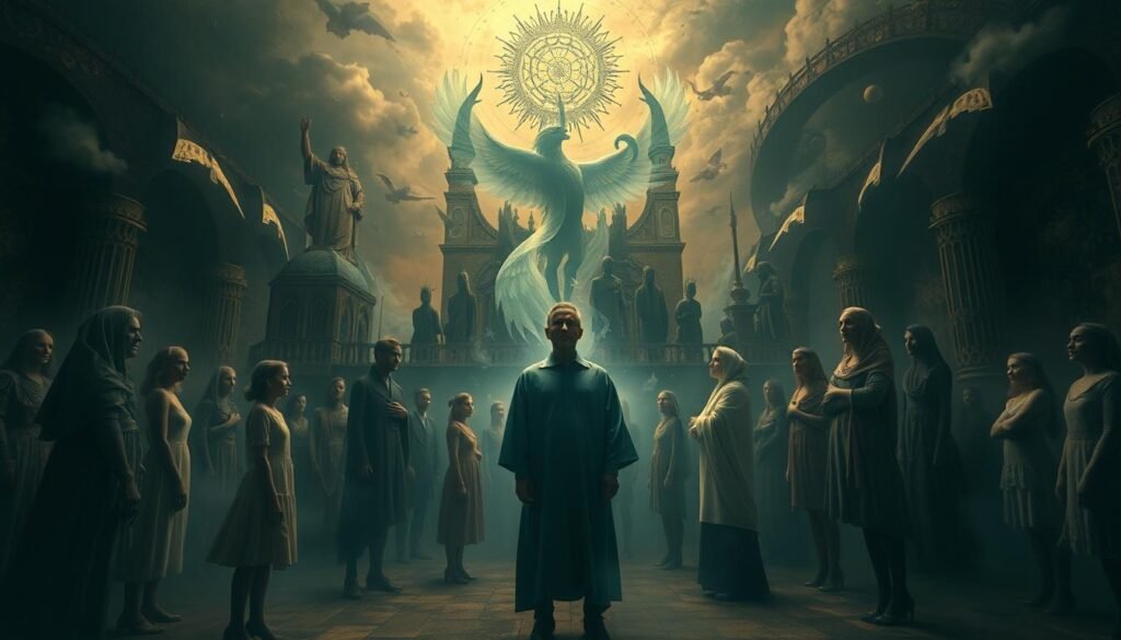 An abstract cultural dreamscape with diverse perspectives on the meaning of murder dreams. A central figure representing the dreamer, surrounded by symbolic imagery and ethereal figures in the foreground, middle, and background. Soft, muted lighting casts an introspective, contemplative atmosphere. Dreamlike, surreal elements blend seamlessly, evoking the complex psychological and cultural interpretations of this type of dream. Executed in a striking, imaginative style that captures the nuances of this sensitive topic.