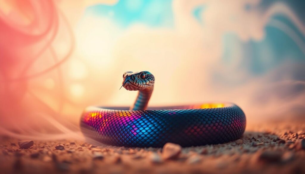 An abstract, dreamlike scene of a coiled rattlesnake, its scales shimmering with vibrant hues. The reptile emerges from a swirling, ethereal background of pastel colors and soft, blurred textures, creating a sense of otherworldly mysticism. Warm, diffused lighting bathes the scene, casting a serene, introspective mood. The camera angle is low, capturing the snake's powerful presence from an elevated perspective. The overall composition evokes a spiritual, symbolic interpretation of the rattlesnake's role in dream symbolism, emphasizing the interplay of color, light, and the serpent's intrinsic connection to the subconscious.