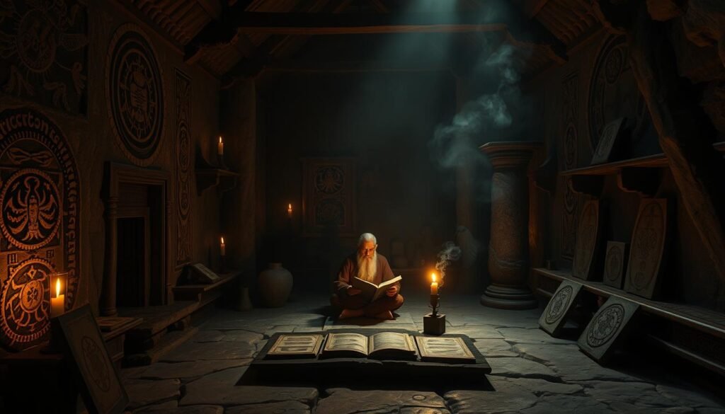 An ancient, dimly lit chamber with intricate wall carvings depicting mystical symbols and arcane insect motifs. In the center, a sage scholar sits cross-legged, poring over weathered scrolls by the flickering light of a single candle. The air is thick with the scent of incense, creating an atmosphere of contemplation and spiritual insight. Elaborate stone tablets line the shelves, emblazoned with enigmatic markings that hint at the esoteric knowledge of dream interpretation through the lens of the insect realm. Shadows dance across the rough-hewn walls, evoking a sense of the mysterious and the unknown.