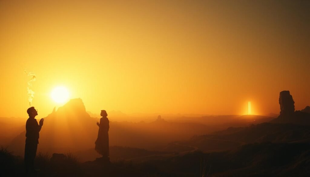 An ancient dreamscape unfolds, bathed in the warm glow of a setting sun. In the foreground, a lone figure stands, eyes closed, hands raised in a meditative pose. Wisps of smoke curl from smoldering incense, creating an ethereal atmosphere. The middle ground reveals a mystical landscape, with towering rock formations and winding paths leading deeper into the unknown. In the distance, a hint of a faint, glowing portal shimmers, beckoning the dreamer to explore the realms of the subconscious. Soft, diffused lighting casts a serene, otherworldly ambiance, capturing the essence of ancient dream walking traditions.