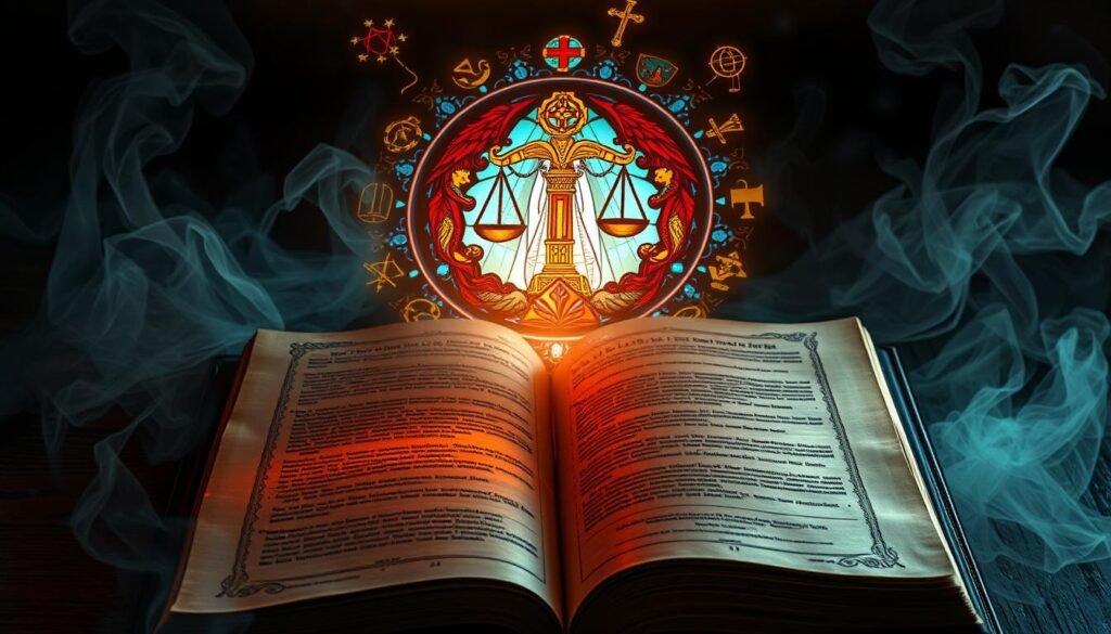 An ancient tome lies open, its pages illuminated by a warm, glowing light. Intricate symbols and sigils dance across the weathered parchment, hinting at the secrets of biblical dream interpretation. Hovering above the book, a celestial vision unfolds &ndash; a stained-glass mosaic of religious icons, from the cross to the scales of justice, intertwined with dreamlike imagery. Wisps of ethereal mist curl around the scene, adding an otherworldly, contemplative atmosphere. Capture the mystical intersection of faith, divination, and the subconscious mind in a serene, reverent composition.