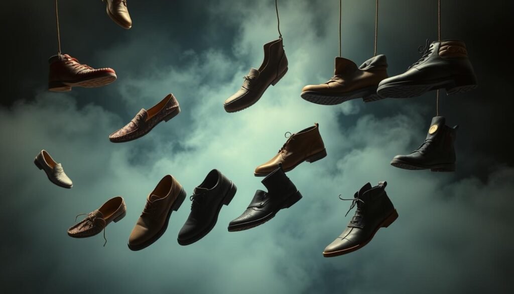 An artistic visual representation of the cultural symbolism of shoes in diverse world traditions. Showcase a diverse array of footwear - from intricately embroidered Asian slippers to rugged leather boots, sandals, and moccasins - floating ethereally against a misty, dreamlike backdrop. Employ a chiaroscuro lighting approach to imbue the scene with a sense of mystery and spiritual resonance. Capture the shoes in a range of poses, some gently hovering, others falling or drifting, to evoke the themes of transition, loss, and the search for grounding. Ensure a harmonious color palette that blends warm and cool tones, hinting at the universality of shoe symbolism across cultural boundaries. Cultivate an atmosphere of contemplation and wonder, inviting the viewer to meditate on the deeper meanings behind missing or abandoned footwear in the realm of dreams.