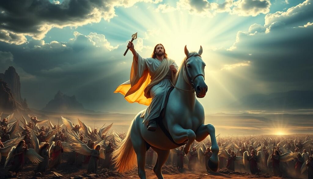 An awe-inspiring, photorealistic scene of Christ's triumphant Second Coming, depicted on a magnificent white steed. In the foreground, Jesus Christ commands the horse, his resplendent robes billowing majestically. Rays of heavenly light pour from behind him, illuminating the clouds and sky. In the middle ground, legions of angels and celestial beings herald his return, their wings outstretched in reverence. The background is a vast, dramatic landscape - towering mountains, deep valleys, and a horizon glowing with divine radiance. The atmosphere is one of reverence, power, and the imminent fulfillment of prophetic promise. Masterfully composed, with attention to intricate details and a profound sense of the sacred.