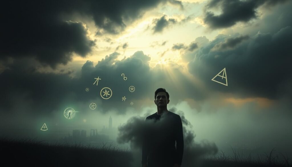 An eerie, dreamlike landscape at dusk, with dark storm clouds gathering overhead. In the foreground, a figure stands, their body partially obscured by a swirling mist. Their eyes are closed, brow furrowed, as if in deep concentration or a premonitory trance. Glowing runes and symbols float around them, hinting at the precognitive nature of their reverie. The middle ground features a series of flickering, indistinct visions - a flooded city, a crumbling structure, a figure falling. The background is a hazy, unsettling void, with faint outlines of other dreamlike forms emerging from the shadows. The lighting is dramatic, with shafts of pale, ethereal light piercing the gloom. An unsettling, foreboding atmosphere pervades the scene, suggesting the ominous warning signs of a prophetic dream.