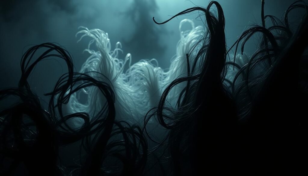 An eerie, haunting scene of ethereal hair tendrils, pulsing with supernatural energy. In the foreground, shadowy strands coil and twist, evoking a sense of foreboding. The middle ground features shimmering, iridescent hair forms, hinting at unseen spiritual forces. The background is shrouded in an atmospheric haze, creating a sense of mystery and the unknown. Dramatic chiaroscuro lighting casts dramatic shadows, heightening the mystical, cautionary tone. The overall composition suggests a dreamlike, warning vision, hinting at the spiritual power and risks associated with long, lush hair.