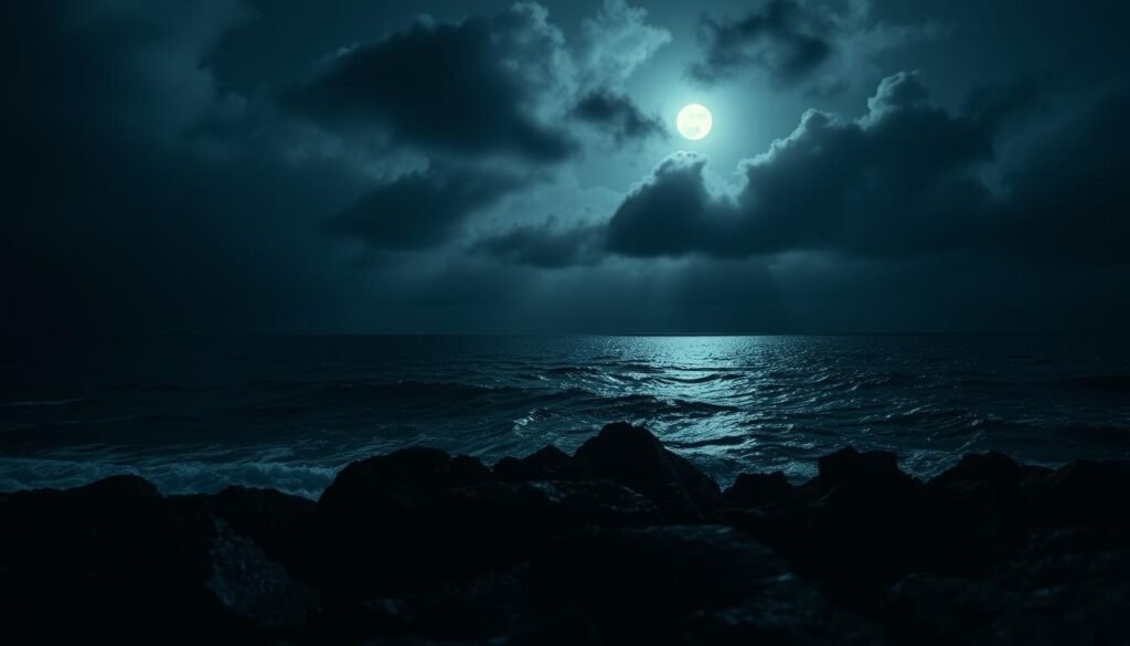 An eerie, moonlit ocean stretches into the distance, its dark, foreboding waters lapping against a jagged, rocky shore. In the foreground, ominous storm clouds loom, casting long shadows across the scene. A sense of tension and unease permeates the air, as if something sinister lurks beneath the surface. The lighting is moody and atmospheric, with a somber, chiaroscuro effect accentuating the contrast between light and shadow. The camera angle is low, instilling a sense of vulnerability and small scale, as if the viewer is submerged in the depths of the ocean itself. This haunting, dreamlike landscape evokes the subconscious fears and hidden depths of the human psyche.