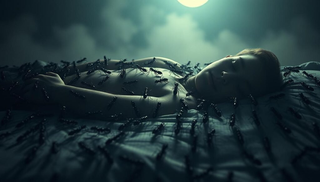 An eerie, surreal dream landscape where a swarm of ants crawl across a person's sleeping body, casting long shadows in the soft, diffused moonlight. The ants move with a hypnotic, unsettling rhythm, their tiny forms blending together into an abstract, organic pattern. The sleeping figure lies in a state of peaceful repose, their face partially obscured, suggesting a deeper subconscious meaning. The background is hazy and out of focus, creating a sense of disorientation and the uncanny. Muted, earthy tones of brown, gray, and blue set the tone for a contemplative, psychological interpretation of the dream.