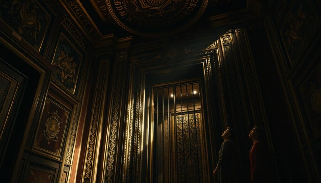 An elaborate, ornate elevator interior in a grand historical edifice, with richly decorated walls, ornate brass and marble details, and a intricate, ornamental ceiling. The elevator car is partially visible, with an open gate revealing a glimpse of the opulent cabin within. Muted lighting casts dramatic shadows, creating an air of mystery and the sense of a hidden world. Figures in traditional cultural dress stand near the elevator, gazing upward with expressions of wonder, curiosity or apprehension, hinting at the symbolic and interpretive significance of this architectural feature in their cultural tradition.