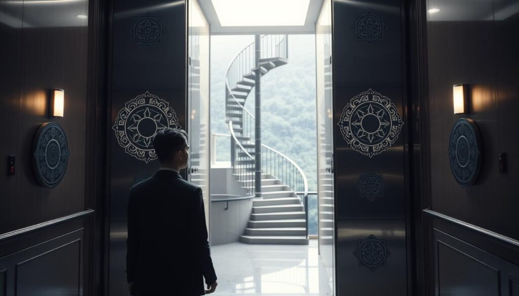 An elegantly designed elevator, its polished steel doors emblazoned with intricate spiritual symbols, stands as a metaphor for life's transitions. Soft, ethereal light bathes the scene, casting a serene, contemplative atmosphere. In the foreground, a person steps into the elevator, their expression pensive, their journey of personal growth and transformation just beginning. The middle ground features a spiraling staircase, representing alternative paths of enlightenment and self-discovery. The background reveals a lush, verdant landscape, hinting at the expansive, spiritual realms beyond the confines of the physical world. This dreamlike composition captures the essence of the connection between elevator dreams and life's pivotal moments of transition and inner awakening.