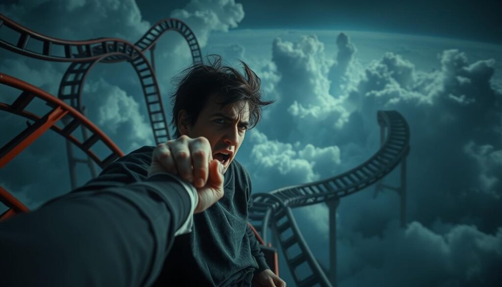 An emotional rollercoaster of dreamscapes, with twisted tracks and dramatic lighting casting long shadows. In the foreground, a solitary figure grips the safety bar, their face etched with a mix of terror and exhilaration. The middle ground features surreal, abstract shapes and forms, symbolizing the turbulent inner landscape. The background is a hazy, dreamlike realm, with billowing clouds and a sense of infinite depth. The overall tone is one of psychological tension and the subconscious struggle to find equilibrium. A wide-angle lens captures the scene, conveying a sense of disorientation and the overwhelming scale of the emotional experience.