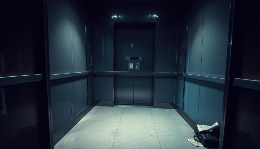 An empty elevator interior bathed in a muted, melancholic palette. Dim, bluish lighting filters through the glass walls, casting long shadows and a sense of solitude. The floor is scuffed linoleum, the control panel neglected. Abandoned personal items - a forgotten briefcase, a crumpled newspaper - hint at the stories of those who have passed through this stillness. The elevator stands motionless, a metaphor for stagnation, the passenger's journey suspended between floors. This scene evokes introspection, a contemplation of one's path and the need for self-reliance when life's momentum falters.