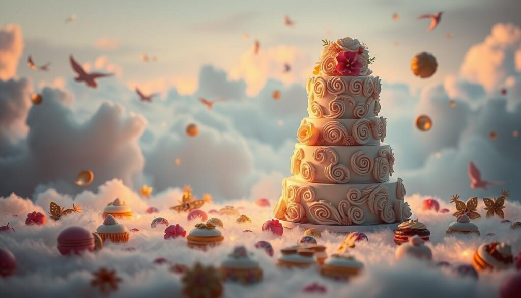 An enchanting dream landscape filled with whimsical cake-inspired symbols. In the foreground, a towering tiered cake adorned with intricate swirls and delicate icing flowers, casting a warm, inviting glow. Surrounding it, a scattering of mouthwatering pastries, macarons, and other confectionary delights, each brimming with their own unique meaning. In the middle ground, a tranquil, cloud-like backdrop sets the stage, hinting at the subconscious nature of dreams. Soft, ethereal lighting illuminates the scene, creating a sense of dreamlike wonder and mystique. The overall atmosphere is one of indulgence, delight, and the exploration of the deeper symbolism found within the act of cake consumption in our dreams.