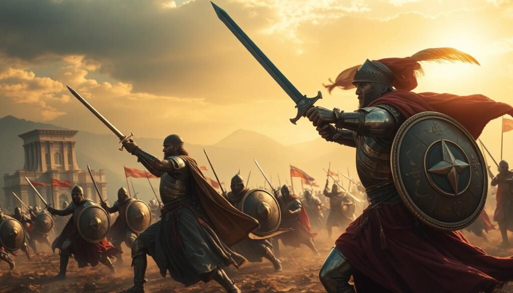An epic biblical battlefield at dawn, divine light piercing the night sky. Valiant warrior figures, armor gleaming, brandishing ancient swords and shields. Their faces etched with determined focus, eyes alight with spiritual fervor. Billowing cloaks and standards flutter in an unseen wind, as the warriors engage in a righteous battle, their movements graceful and powerful. In the background, a hazy vision of towering stone citadels and distant mountains, an otherworldly realm. The atmosphere is one of sacred purpose, a grand clash of light and shadow, of the mortal and the divine. This is a conflict ordained by a higher power, a spiritual dream of victorious faith.