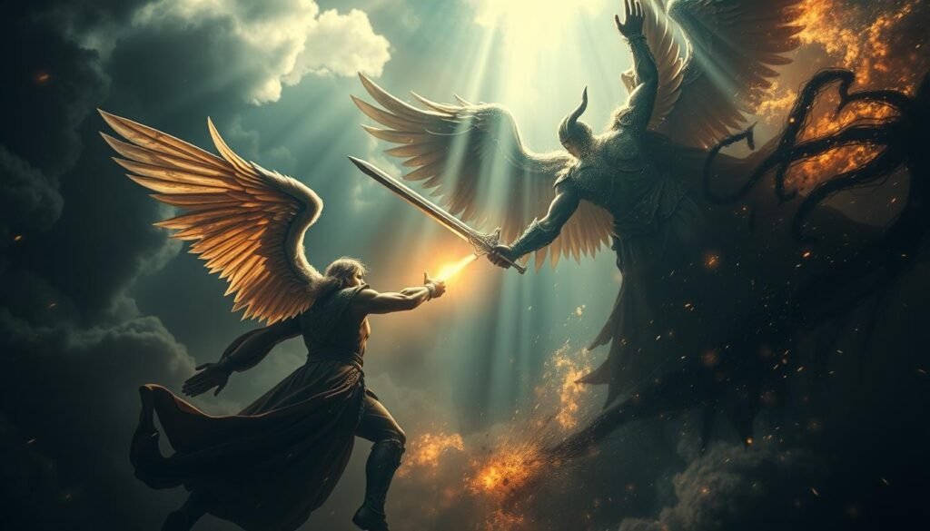 An epic spiritual battle, with an angel warrior wielding a glowing sword, locked in fierce combat against a shadowy demonic entity. Rays of divine light pierce the dark clouds, illuminating the intense clash between good and evil. The intense energy and movement create a sense of heightened drama, as the outcome of the struggle hangs in the balance. The scene is captured with a cinematic, high-contrast lighting, emphasizing the drama and tension. The angle is dynamic, placing the viewer in the heart of the conflict, adding to the immersive, almost visceral experience.