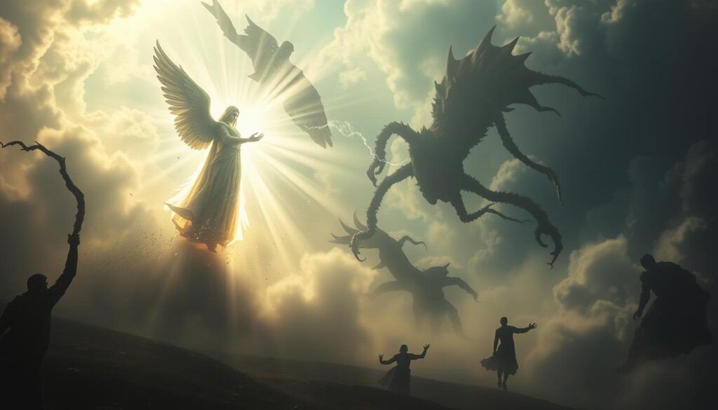 An ethereal battlefield where the spiritual and physical realms collide. In the foreground, a towering angel cloaked in radiant light, wings outstretched, engaging in a fierce battle against a dark, shadowy entity. Beams of divine energy clash with sinister tendrils, illuminating the surreal dreamscape. The middle ground features a roiling mist, obscuring the horizon and hinting at the unseen forces at work. In the background, a distorted, dreamlike landscape with distorted, fragmented shapes and ominous clouds, suggesting the subconscious nature of this spiritual warfare. Dramatic chiaroscuro lighting casts dramatic shadows, heightening the sense of tension and unease. The overall mood is one of mysticism, power, and the eternal struggle between light and darkness.