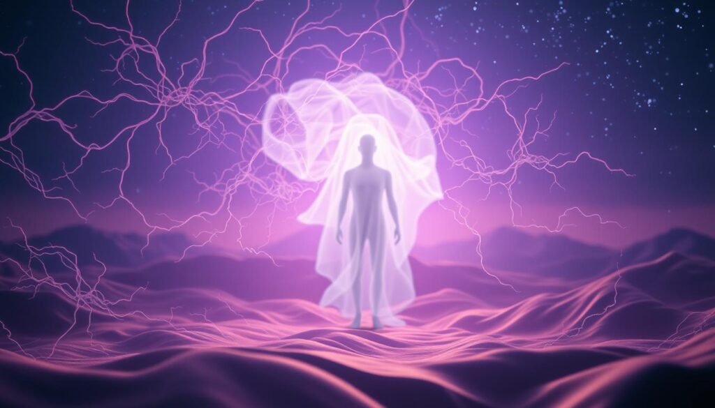 An ethereal, dreamlike scene of the brain processing during sleep. In the foreground, a mesmerizing swirl of neural pathways and synaptic activity, pulsing with the rhythm of subconscious thought. In the middle ground, a translucent, ghostly figure representing the human consciousness, enveloped in a hazy, violet-hued aura. In the background, a starry, celestial landscape, hinting at the vast, mysterious realm of the unconscious mind. Soft, diffused lighting casts a warm, introspective glow, evoking the intimate, introspective nature of dreaming. Captured with a wide-angle lens to convey a sense of depth and immersion, this image captures the essence of the science behind dreams about past romantic interests.