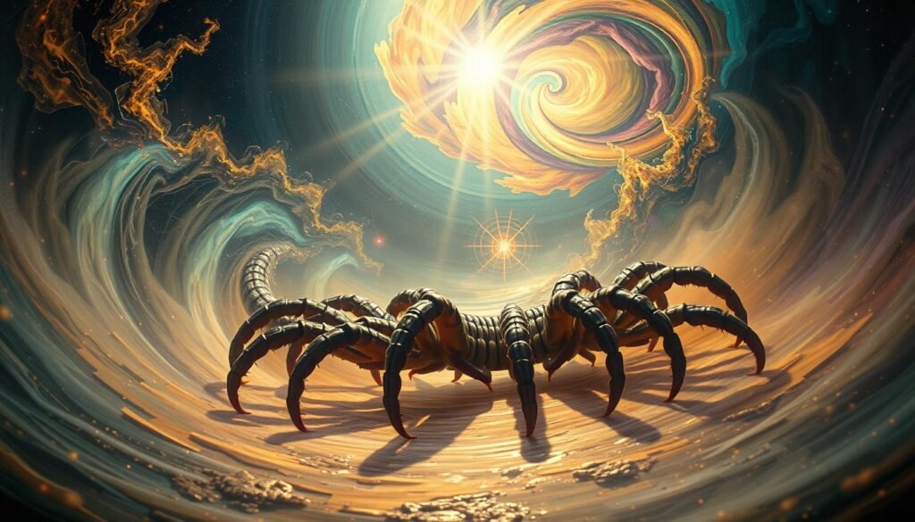 An ethereal dreamscape where a colossal centipede, its many legs undulating with a hypnotic rhythm, emerges from a swirling miasma of psychedelic colors and surreal textures. Shimmering rays of light radiate outward, casting an otherworldly glow upon the scene. In the background, abstract organic forms and geometric shapes twist and morph, symbolizing the transformative power of the centipede's presence. The overall atmosphere evokes a sense of personal growth, spiritual awakening, and the interconnectedness of all things. Captured through the lens of a wide-angle, high-resolution camera, the image conveys a profound and mystical vision.