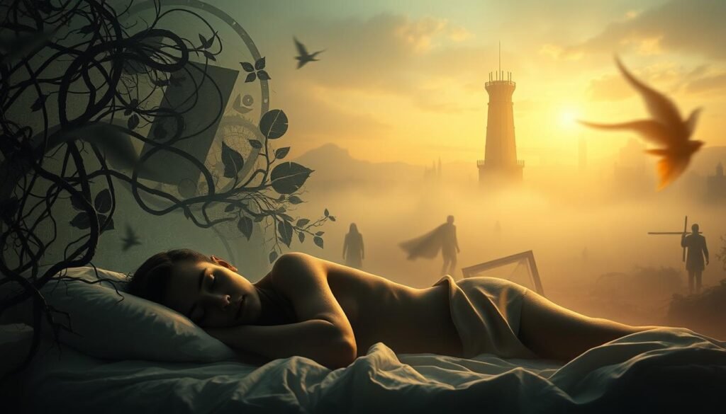 An ethereal scene of dreamscape symbolism, illuminated by a soft, warm glow. In the foreground, a sleeping figure rests, their face obscured by swirling abstract shapes and patterns, representing the subconscious mind. Surrounding them, a collage of symbolic imagery - tangled vines, crumbling ruins, and faceless silhouettes, all hinting at the hidden meanings and messages buried within the depths of the dream world. The middle ground is shrouded in a hazy, mystical mist, creating a sense of liminal space between the conscious and unconscious. In the distance, a towering, enigmatic structure looms, its purpose and significance cloaked in the shadows. Soft, diffused lighting casts a contemplative, introspective atmosphere, inviting the viewer to explore the rich symbolic language of the dream experience.