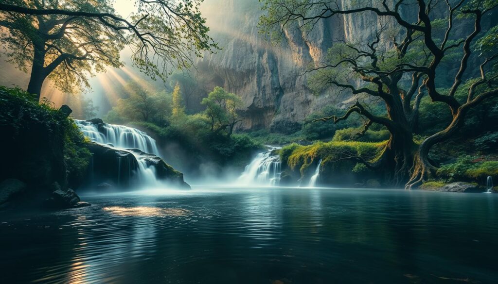 An ethereal waterfall cascades through a mystical, wooded landscape. Soft, diffused light filters through the canopy, casting a warm, spiritual glow upon the scene. In the foreground, a tranquil pool reflects the cascading waters, creating a mirror-like surface that shimmers with otherworldly energy. Mist swirls around the base of the waterfall, adding a sense of ethereal wonder. The middle ground features lush, verdant foliage, with ancient, twisted trees lining the banks. In the background, a towering cliff face rises, its rugged surface evoking a sense of timelessness and primal power. The overall atmosphere is one of deep contemplation and sacred connection to the natural world.
