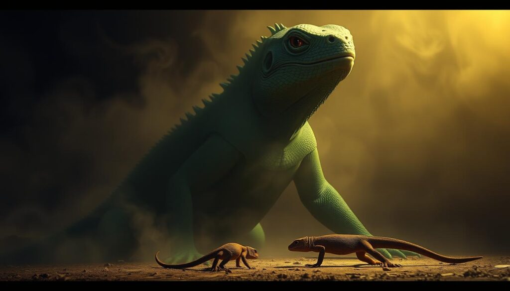 An imposing, massive green lizard casts a long, ominous shadow over a smaller, scampering brown lizard in the foreground. The large lizard's eyes glisten with an otherworldly intelligence, hinting at primal power and ancient wisdom. Swirling mist envelops the scene, creating an ethereal, dreamlike atmosphere. Soft, warm lighting illuminates the reptilian subjects from above, casting dramatic shadows and highlighting their intricate scales. The contrast between the two lizards symbolizes the significance of size and scale in the interpretation of a lizard-themed dream - the smaller lizard representing vulnerability and the larger one embodying authority, control, and the hidden depths of the subconscious mind.