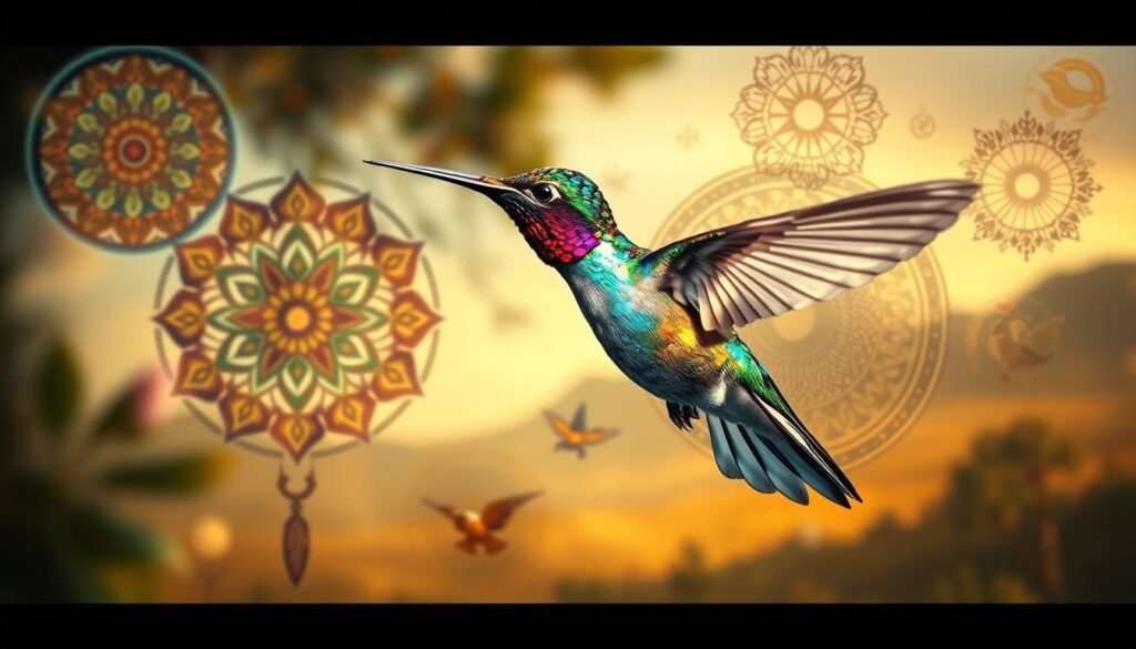 An impressionistic scene depicting the cultural symbolism of the hummingbird across diverse traditions. In the foreground, a vibrant hummingbird hovers mid-flight, its iridescent feathers shimmering with an almost mystical energy. Surrounding it, a collage of symbolic elements - geometric patterns, stained glass, mandalas, and celestial motifs - representing the hummingbird's diverse cultural associations with joy, resilience, and divine messages. The background features a blurred, dreamlike landscape, hinting at the transcendent, otherworldly qualities often ascribed to the hummingbird. The scene is bathed in warm, golden lighting, creating a sense of timeless, spiritual reverence. Rendered with a delicate, ethereal aesthetic to capture the hummingbird's ephemeral, enchanting nature.