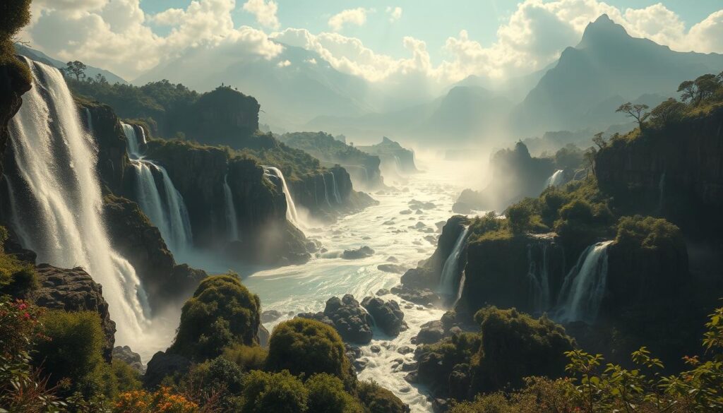An intricate dreamscape of water overflowing, with cascading waterfalls spilling into tranquil pools. The foreground depicts a lush, verdant landscape, dotted with flourishing flora and fauna. In the middle ground, a majestic river surges forth, its powerful currents swirling and crashing against rocky outcroppings. The background showcases a towering, sun-dappled mountain range, its peaks shrouded in wispy clouds. The lighting is soft and warm, creating a serene, almost ethereal atmosphere. The composition is balanced, drawing the viewer's eye through the different layers of the scene, inviting them to explore the depth and immersive nature of this water overflow dream.