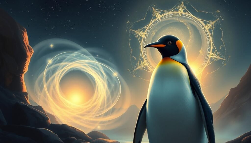 An intricate, mystical illustration of a wise, majestic penguin embodying the spirit of ancient knowledge. In the foreground, the penguin stands tall, its gaze piercing and contemplative, surrounded by a ethereal, shimmering aura. The middle ground features a mysterious, nebulous vortex of swirling cosmic energy, hinting at the penguin's deeper connection to the divine. The background depicts a serene, starry night sky, creating a sense of timelessness and transcendence. Soft, warm lighting illuminates the scene, imbuing it with a sense of reverence and wonder. Subtle, organic textures and a painterly aesthetic lend an air of enchantment to the overall composition.