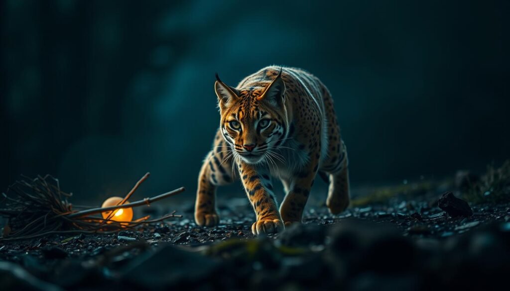 An intricate scene of a bobcat navigating the challenges of daily life, set against a dramatic, moody backdrop. In the foreground, the bobcat prowls cautiously, its piercing gaze and tense, muscular frame conveying a sense of alert independence. In the middle ground, subtle obstacles and distractions - a fallen branch, a swirling wind, a flickering light - test the bobcat's resolve and instincts. The background is a shadowy, mystical landscape, with a sense of depth and atmosphere that evokes the bobcat's spiritual, primal nature. Cinematic lighting and a shallow depth of field draw the viewer's eye to the bobcat's central, powerful presence, suggesting the bobcat's ability to overcome hidden dangers and embrace its wild, untamed essence.