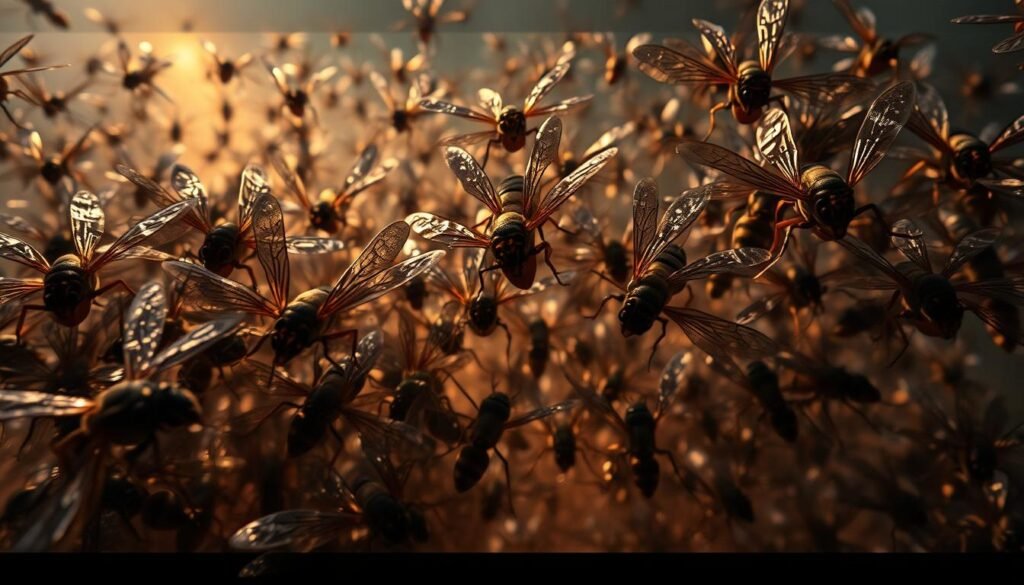 An intricate swarm of insects, their compound eyes glowing with an otherworldly energy, converge in a surreal dreamscape. Gossamer wings flutter and mandibles click in a mesmerizing syncopation, creating a collective consciousness that pulses with primal symbolism. The insects move as one, their shadows cast upon a mystical landscape of shifting hues and ethereal textures. Soft, warm lighting filters through the swarm, casting an ethereal glow that imbues the scene with a sense of the subconscious. Captured with a wide-angle lens, the viewer is immersed in this kaleidoscopic vision, a window into the deepest recesses of the dreaming mind.
