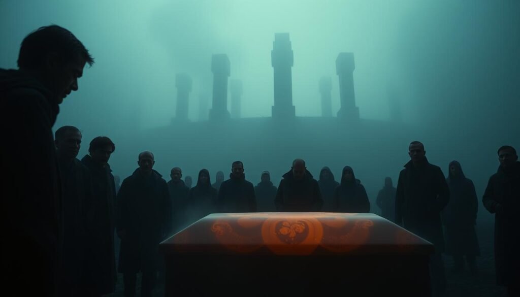 An introspective scene of a somber funeral set against a dreamlike backdrop. In the foreground, a casket surrounded by mourners, their expressions pensive and sorrowful. The casket is bathed in a warm, ethereal light, casting a soft glow. In the middle ground, a foggy, otherworldly landscape unfolds, suggesting the boundless realm of the subconscious. Towering, abstract shapes loom in the distance, hinting at the psychological complexities of the funeral dream. The overall atmosphere is one of introspection, loss, and the interplay between the physical and the metaphysical. Captured with a cinematic, wideangle lens to convey the grandiose nature of the subject matter.