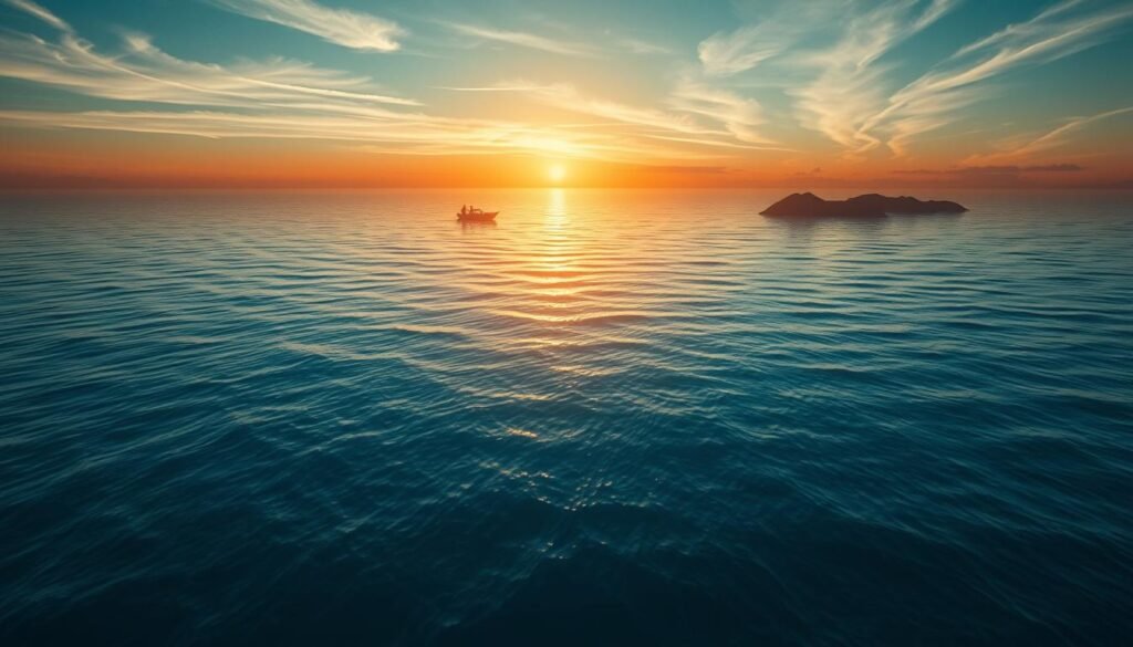 An oceanic dreamscape unfolds, a serene expanse of deep azure waters. In the foreground, a solitary figure navigates a small boat, their silhouette reflected in the mirror-like surface. Warm rays of sunset glow on the horizon, casting a golden hue across the scene. The middle ground reveals a maze of undulating waves, their crests cresting and falling in a rhythmic dance. In the distance, a cluster of islands emerges, their jagged peaks piercing the sky. Above, wispy clouds drift lazily, their forms mirrored in the tranquil waters below. The overall atmosphere is one of contemplation, a sense of embarking on a journey of self-discovery, guided by the ebb and flow of the tides.